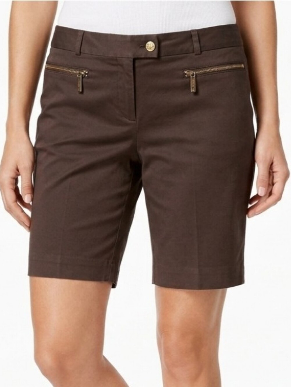 Michael Michael Kors 8" Bermuda Shorts  Gold Zippered Front Pockets Brown Sz 14